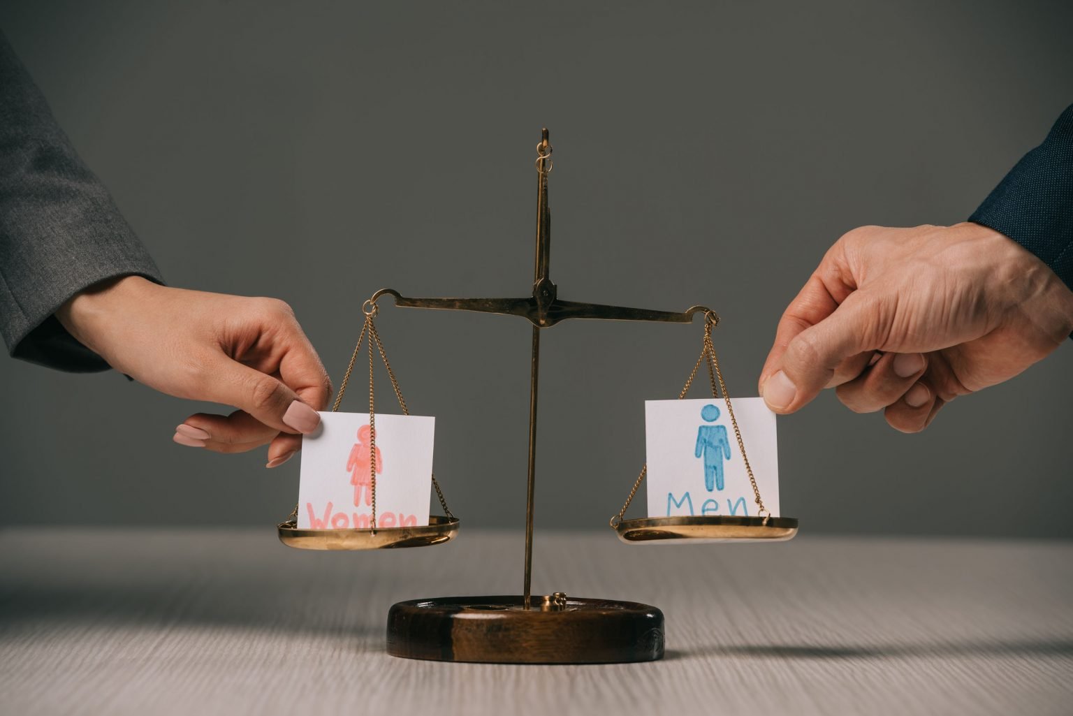 Cropped View Of Businesspeople With Male And Female Signs On Scales Of Justice Gender Equality